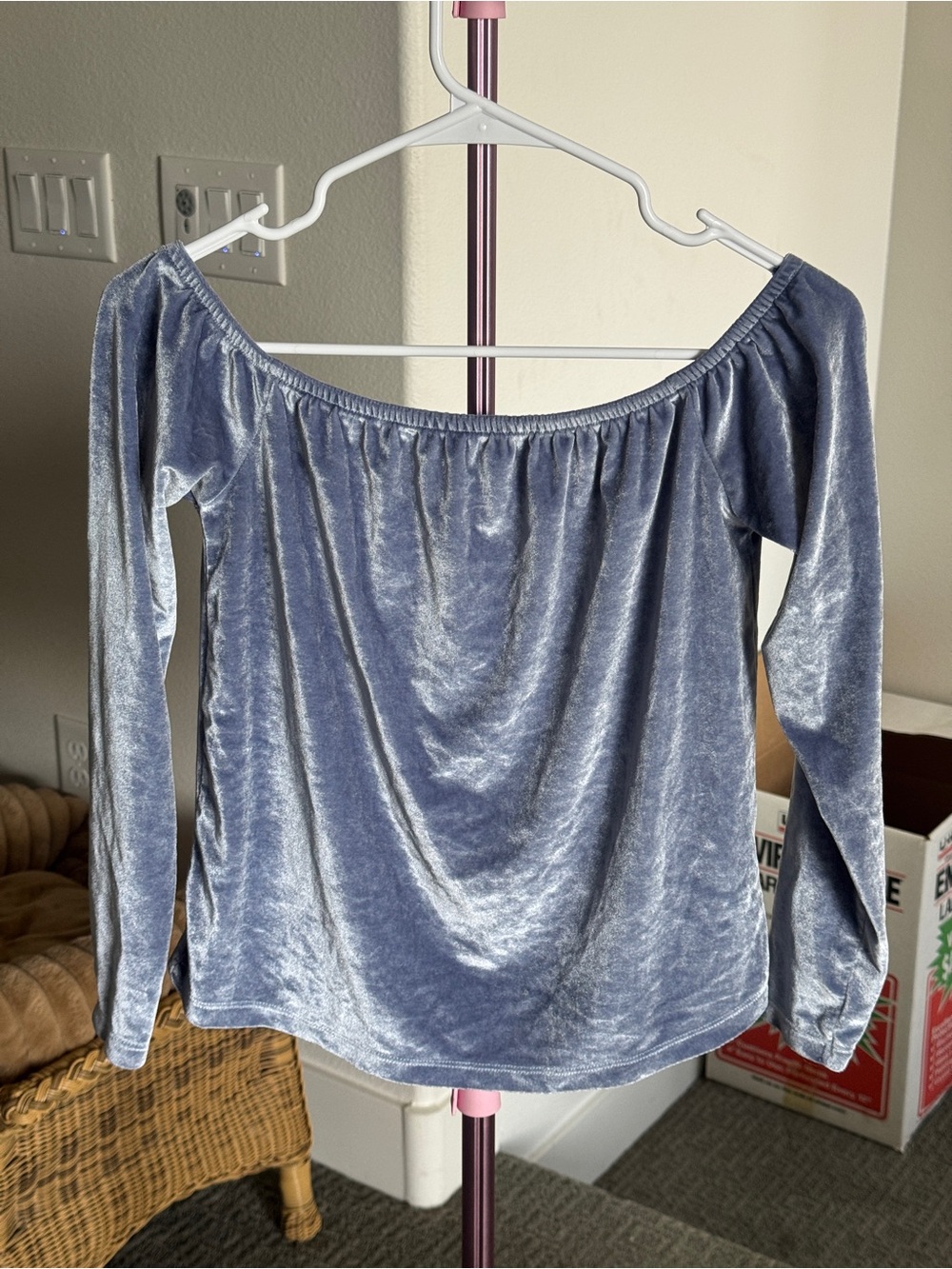 Silence + Noise Off-Shoulder Velvet Long-Sleeve Top - Light Blue